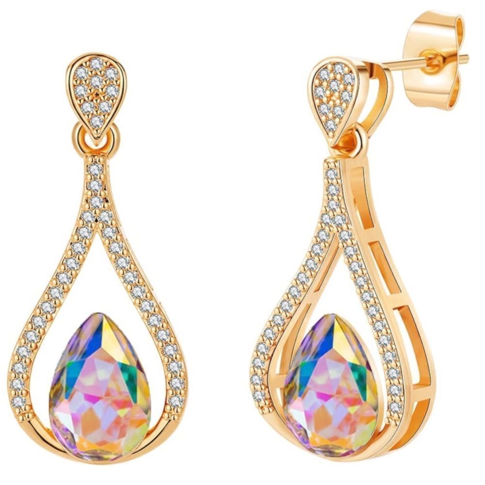 14K Yellow Gold with Iridescent AB Austrian Crystal Halo Teardrop Post Earrings
